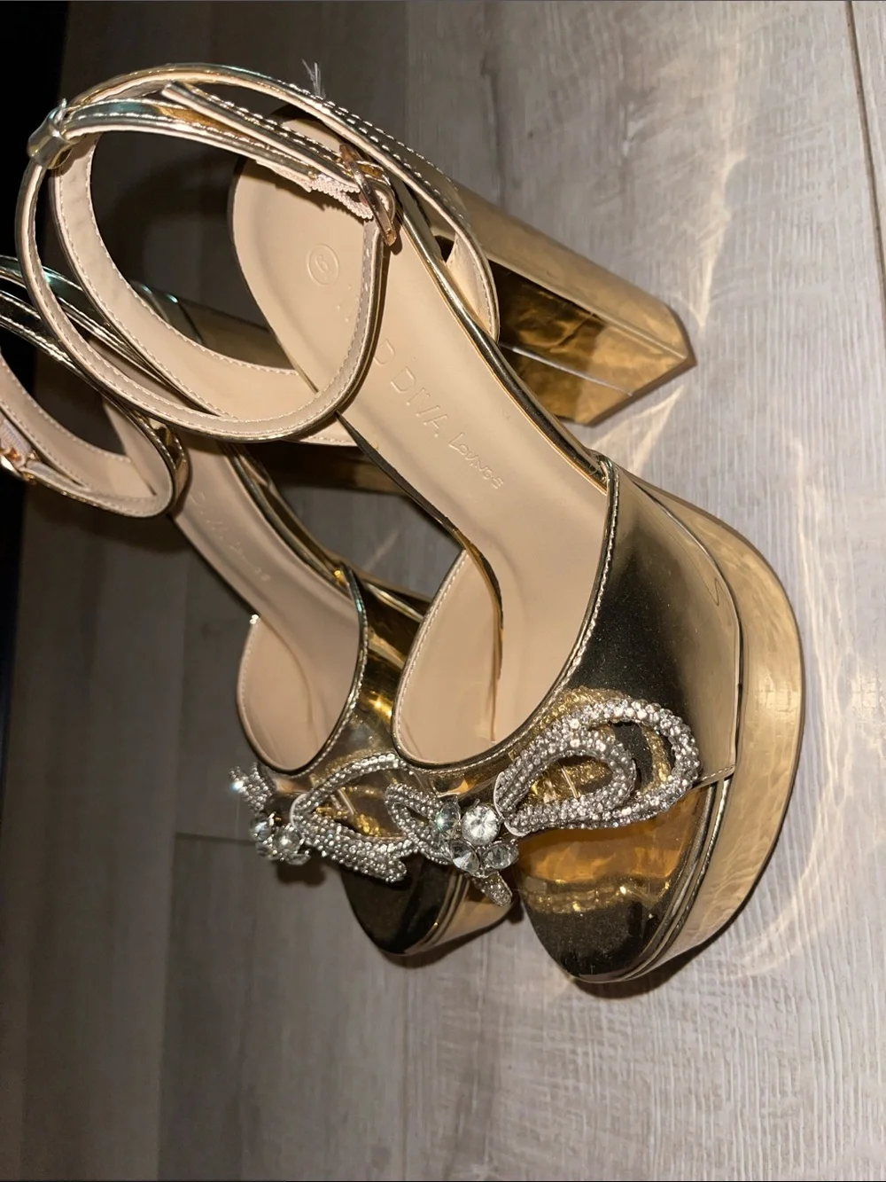Gold Embellished Platform Heels - Women's Ankle Strap never worn! Size 6